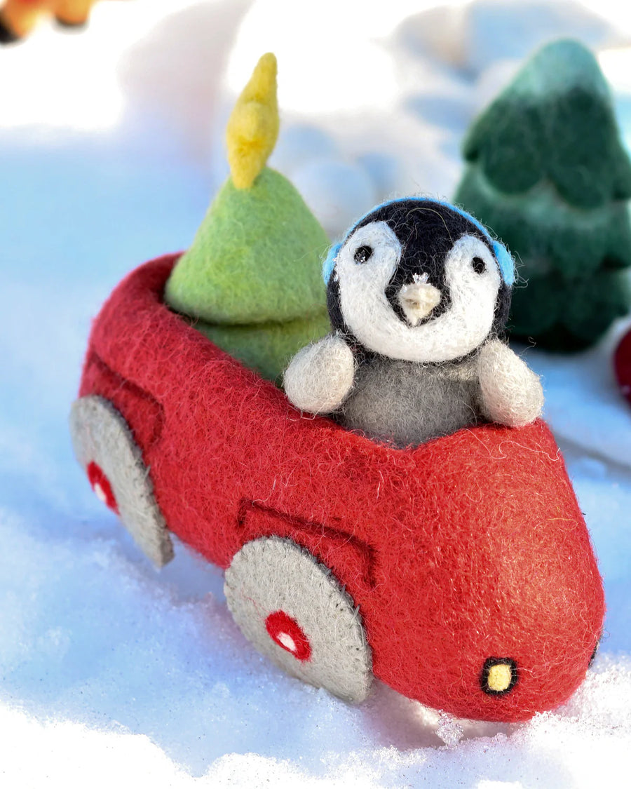 Tara Treasures Felt Penguin In Toy Car And Christmas Tree