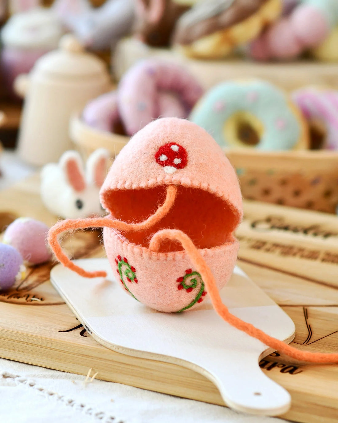 Tara Treasures Felt Egg Cover - Peach With Mushroom Motif