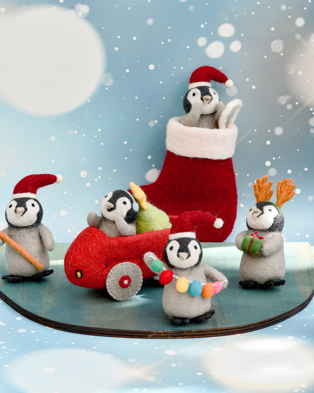 Tara Treasures Felt Penguin In Toy Car And Christmas Tree