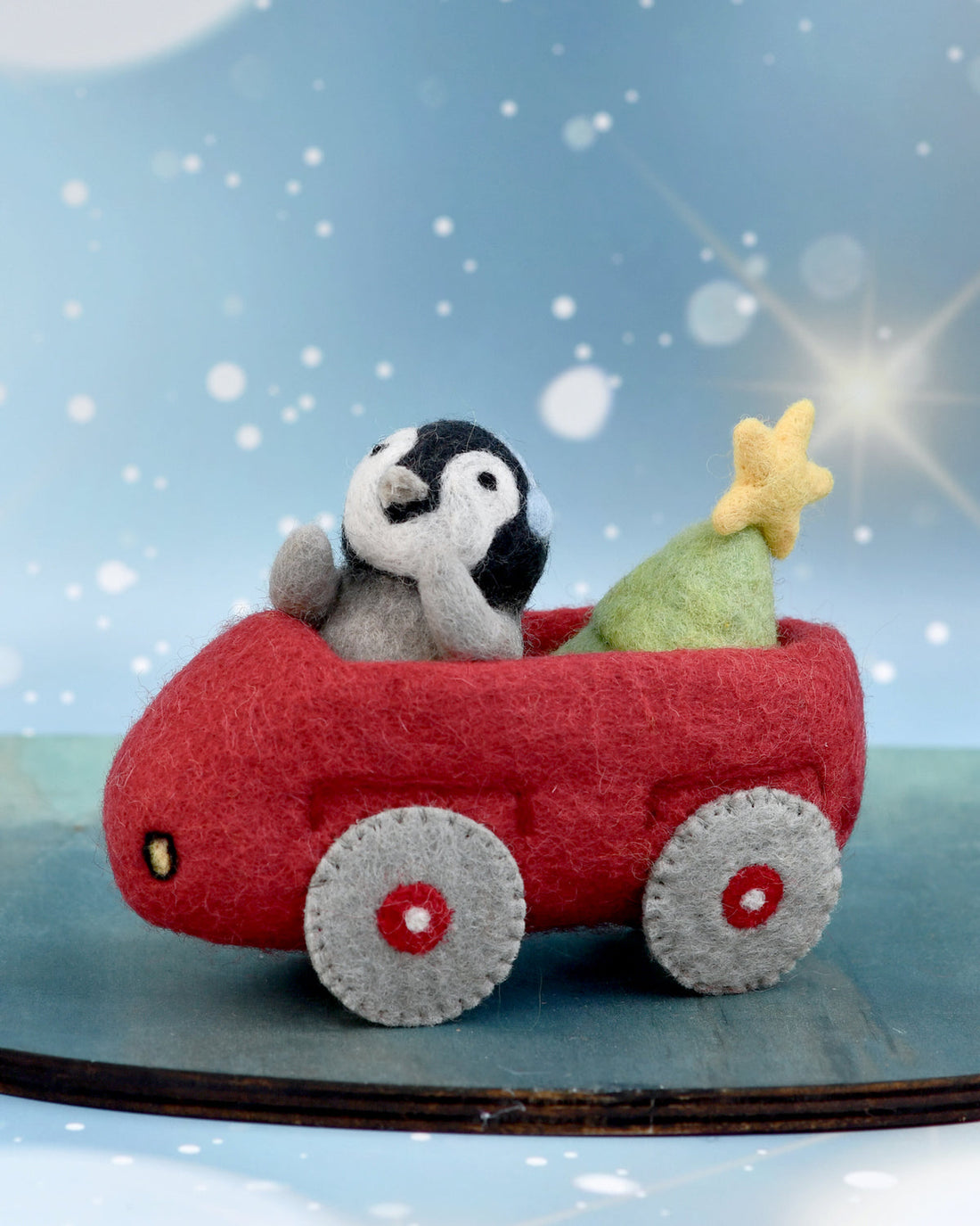 Tara Treasures Felt Penguin In Toy Car And Christmas Tree