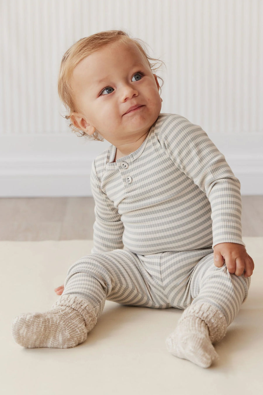 Jamie Kay Organic Cotton Modal Long Sleeve Bodysuit - Narrow Stripe Willow/Soft Clay