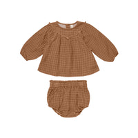 Quincy Mae Balloon Sleeve Blouse + Bloomer Set | Cinnamon Grid