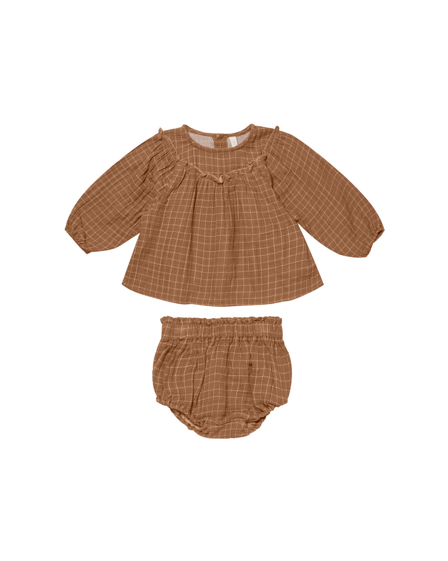 Quincy Mae Balloon Sleeve Blouse + Bloomer Set | Cinnamon Grid